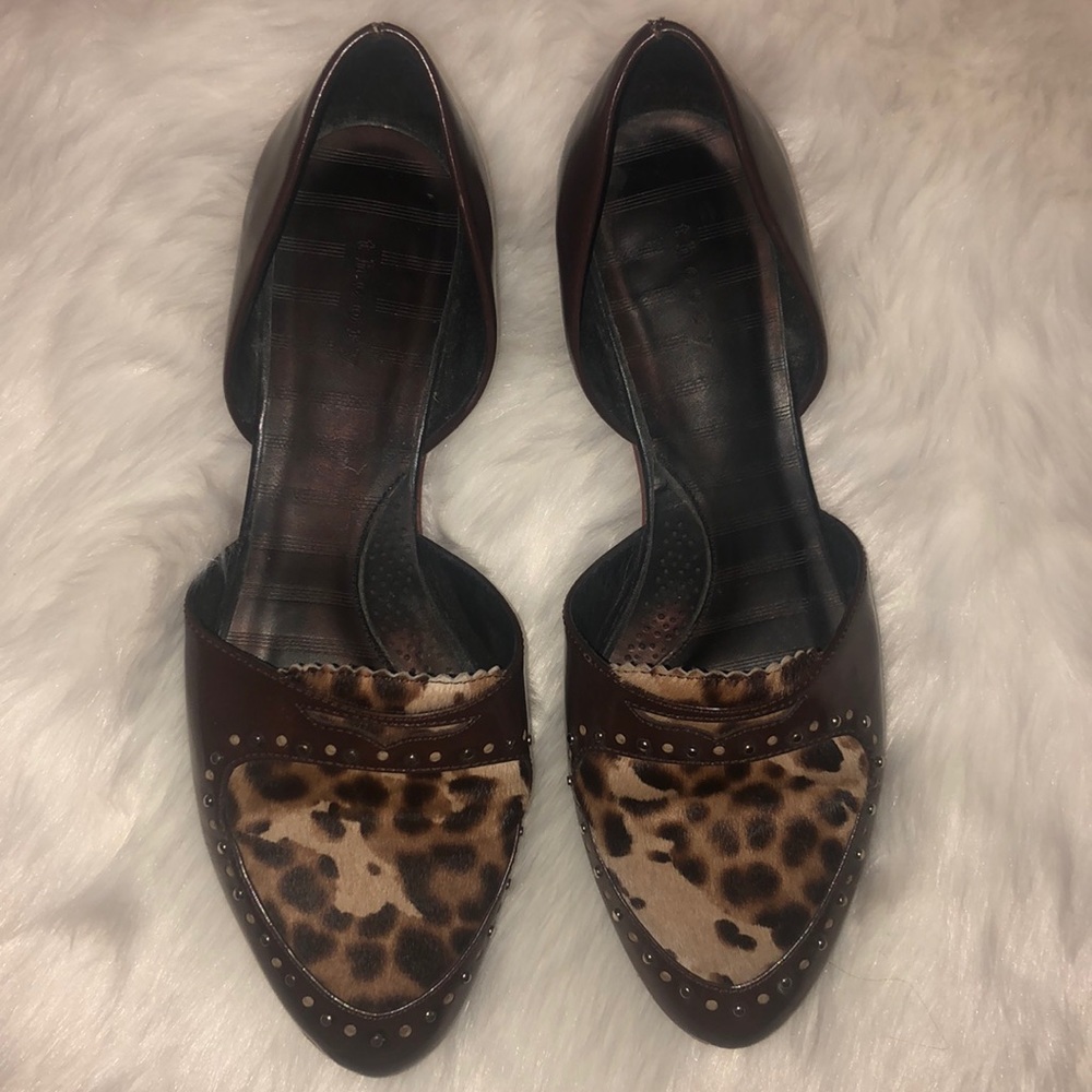 Brown Theory flats with leopard print pony hair